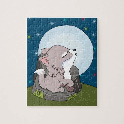 Baby Wolf Howling At A Moon Jigsaw Puzzle