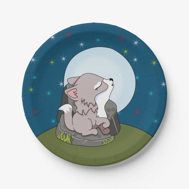 Baby Wolf Howling At A Moon Paper Plates (Front)