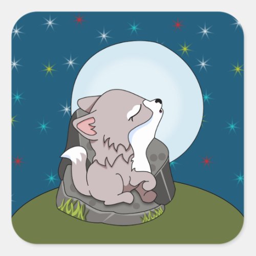 Baby Wolf Howling At A Moon Square Sticker