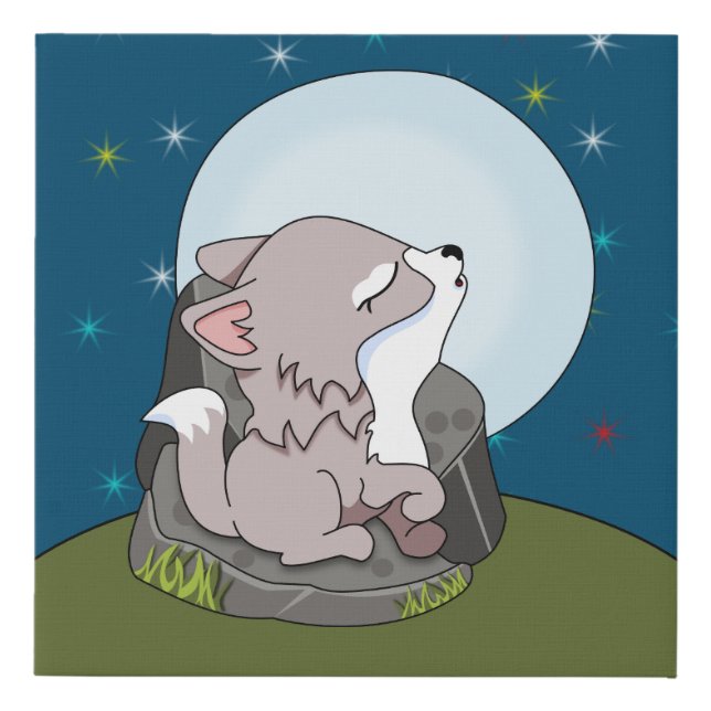 Baby Wolf Howling At The Moon Faux Canvas Print (Front)