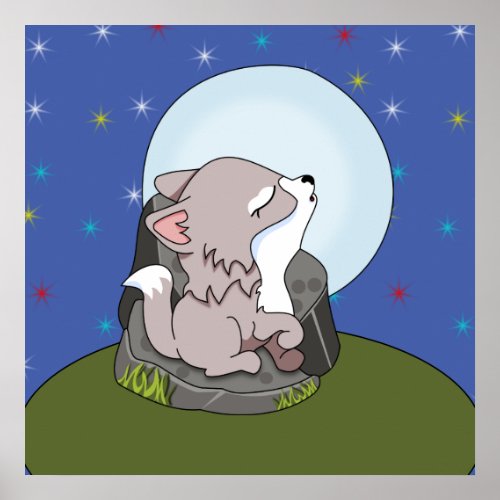 Baby Wolf Howling At The Moon Poster