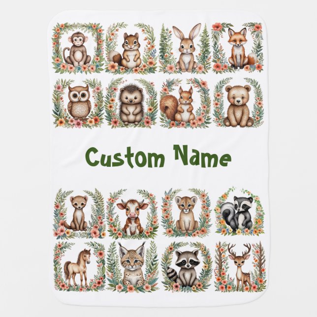 Baby Woodland Animal Blanket, Customize Baby Name Baby Blanket (Front)