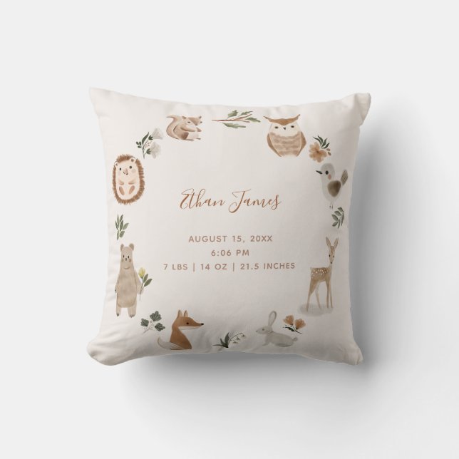 Baby Woodland Animals Birth Stats Keepsake Throw Pillow (Front)