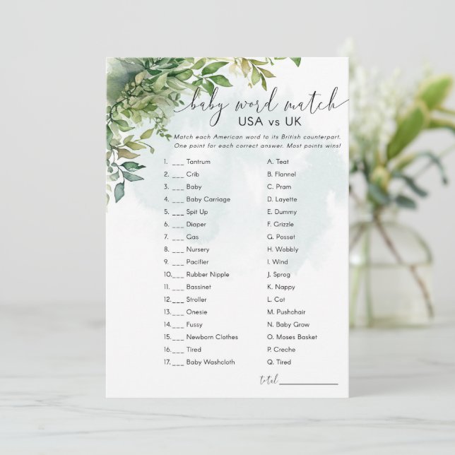 Baby Word Match USA vs UK Greenery Party Game Invitation (Standing Front)