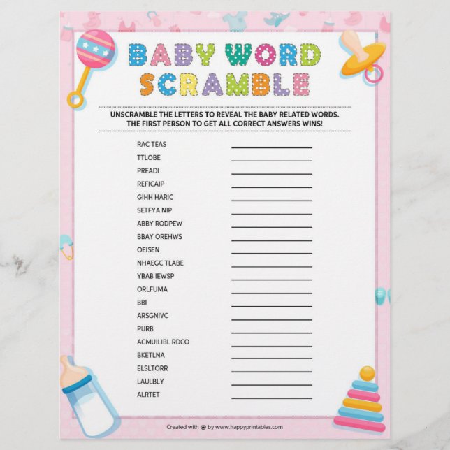 Baby Word Scramble [Baby Basics Pink] Letterhead (Front)