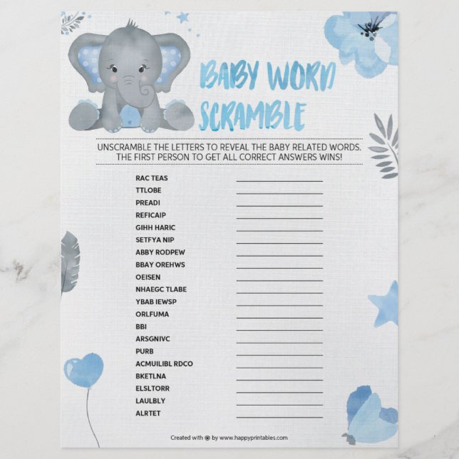 Baby Word Scramble [Baby Elephant [Blue] Letterhead (Front)