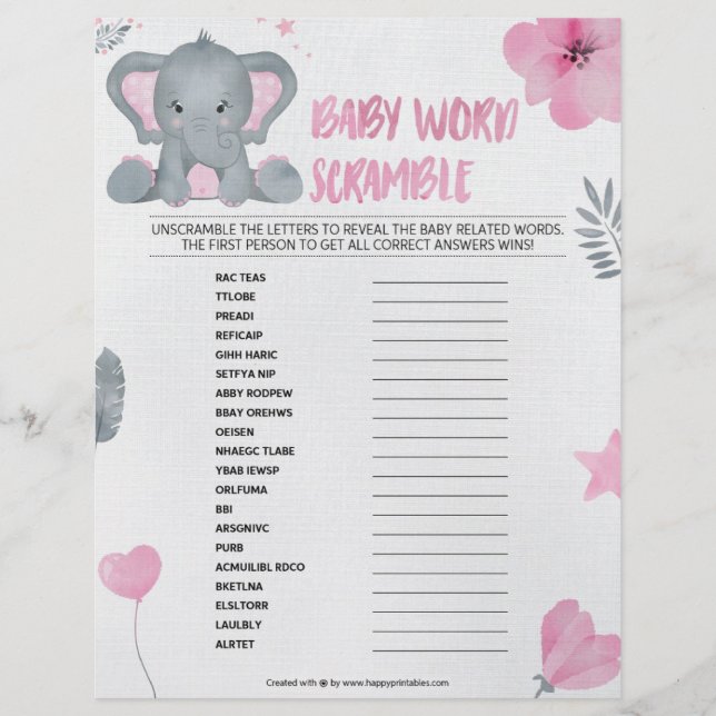 Baby Word Scramble [Baby Elephant [Pink]] Letterhead (Front)