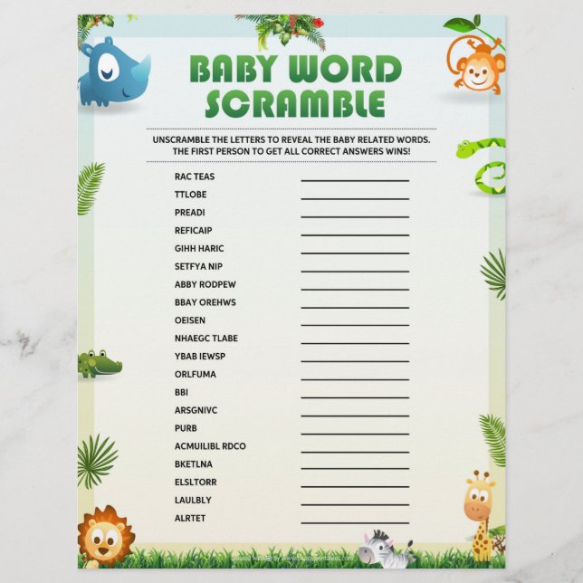Baby Word Scramble Baby Shower Game [Animal Theme] Letterhead (Front)