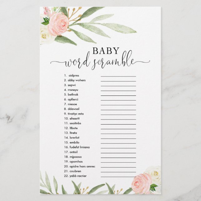 Baby word scramble baby shower game pink greenery (Front)