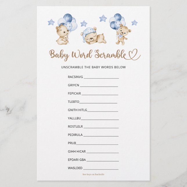 Baby Word Scramble Bear Boy Baby Shower (Front)