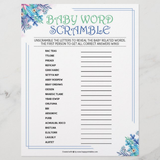 Baby Word Scramble [Blue Floral] Letterhead (Front)