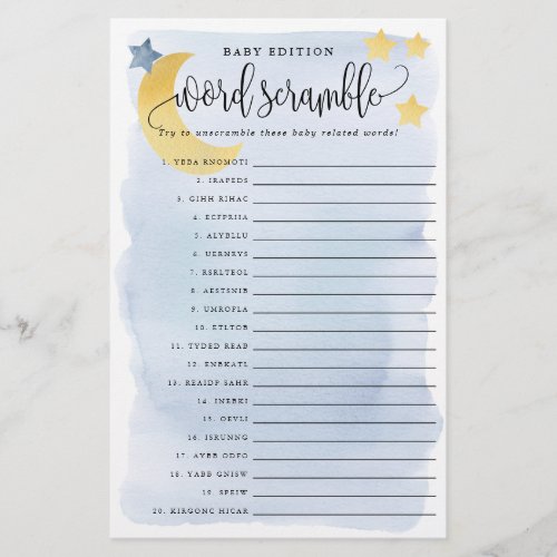 Baby Word Scramble Blue Over Moon Paper Game Card