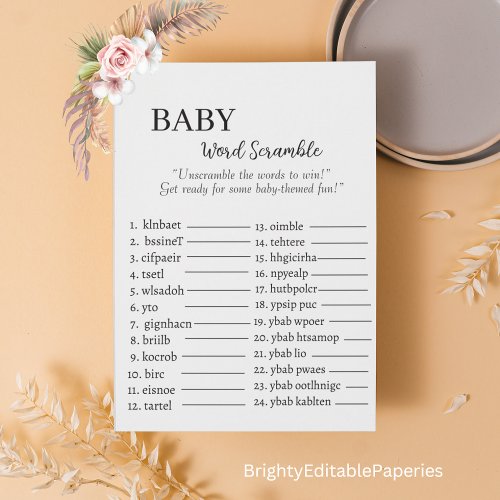 Baby Word Scramble Challenge Note Card