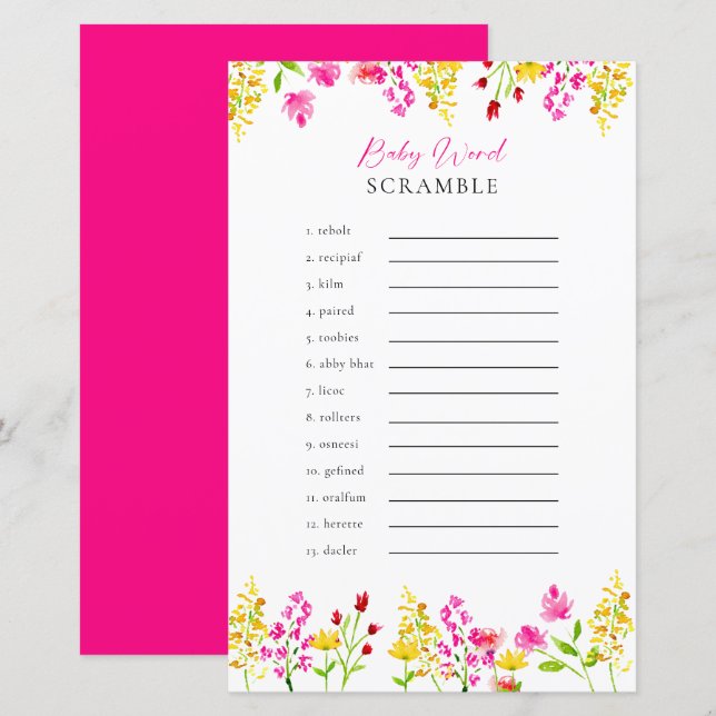 Baby Word Scramble Game Floral Baby Shower (Front/Back)