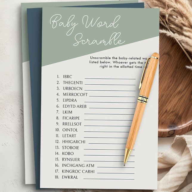 Baby Word Scramble Game Simple Sage Green Tricolor (Baby Word Scramble baby shower game from my Tricolor Baby Shower Collection)