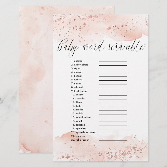 Baby word scramble game watercolor rose gold (Front/Back)