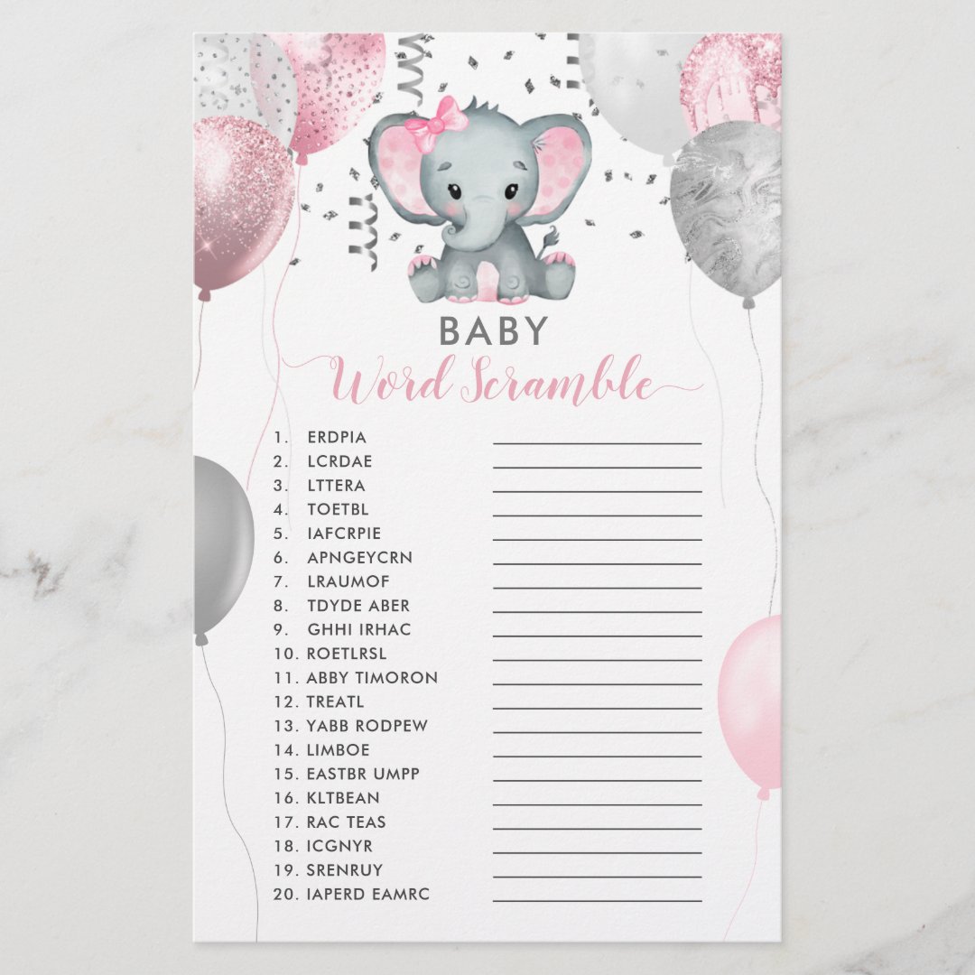 Baby Word Scramble Girl Elephant Shower Game | Zazzle