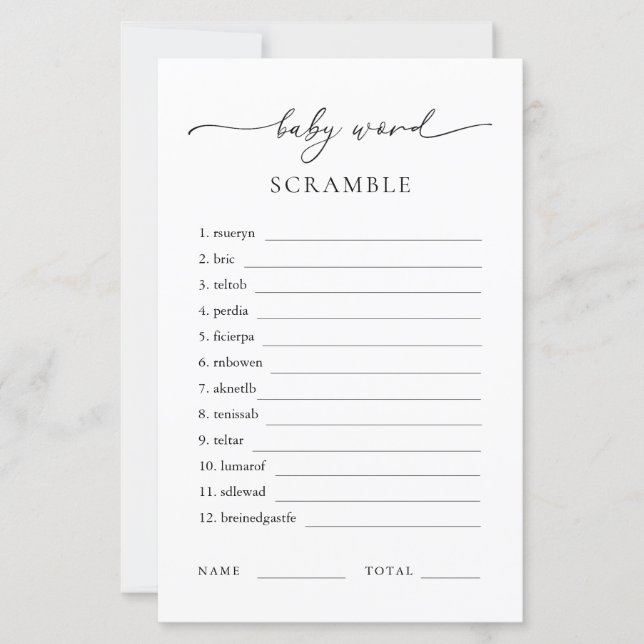 Baby Word Scramble Minimalist Baby Shower Game (Front)