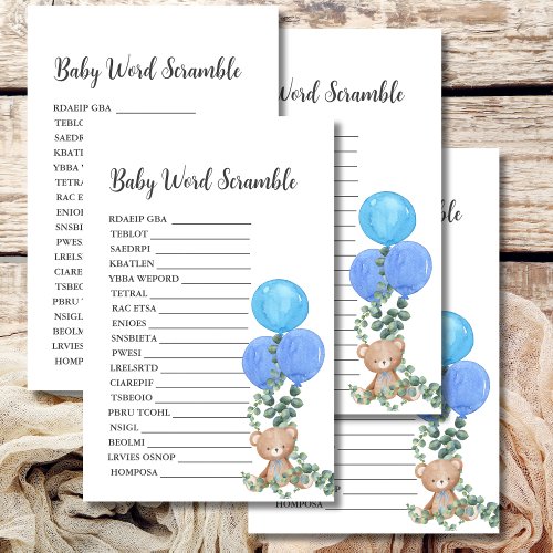 Baby Word Scramble Oh Boy Bear Balloon Eucalyptus