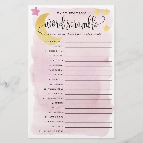 Baby Word Scramble Pink Over Moon Paper Game Card