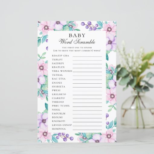 Baby word scramble. Purple floral baby shower game | Zazzle