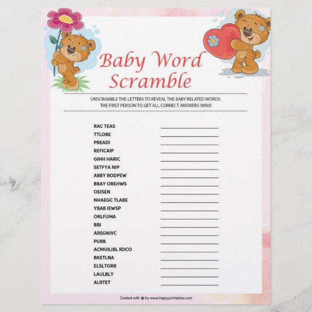 Baby Word Scramble [Teddy Bears] Letterhead (Front)