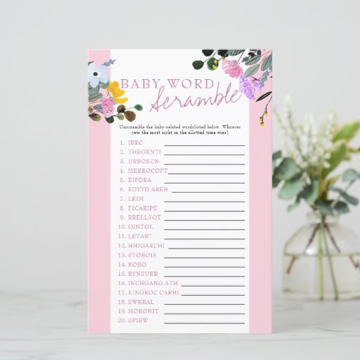 Baby Word Scramble Wildflower Baby Shower Game | Zazzle