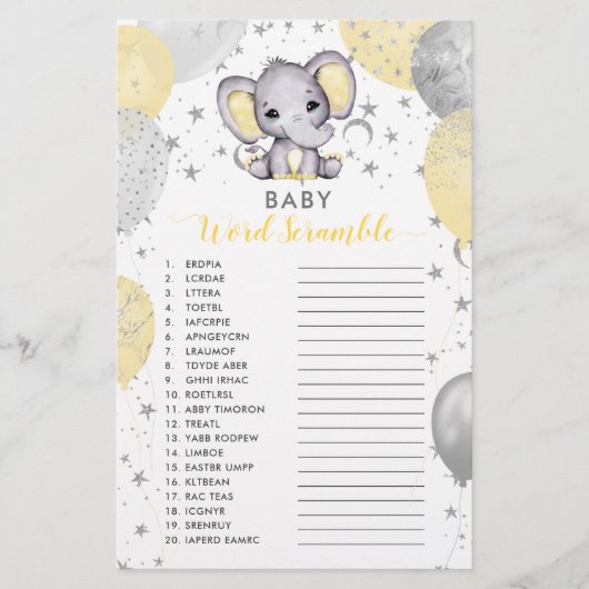 Baby Word Scramble Yellow Elephant Shower Game (Front)