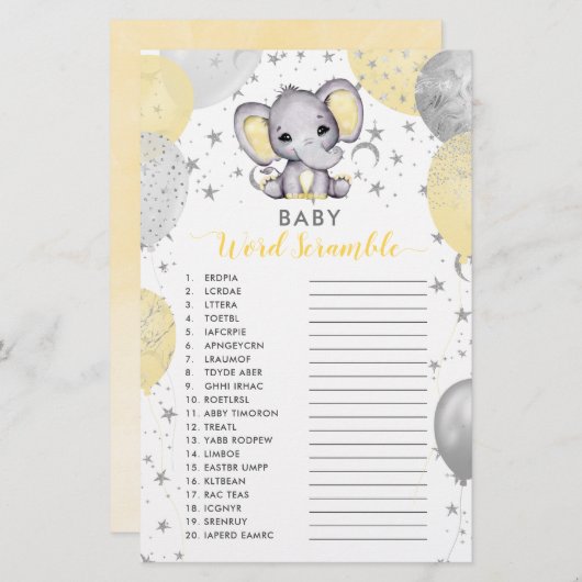 Baby Word Scramble Yellow Elephant Shower Game (Front/Back)