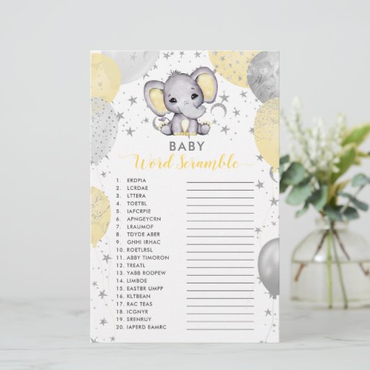 Baby Word Scramble Yellow Elephant Shower Game (Standing Front)