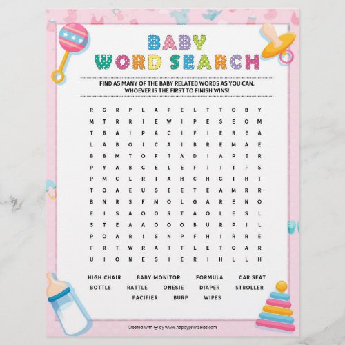 Baby Word Search Baby Basics Pink Letterhead