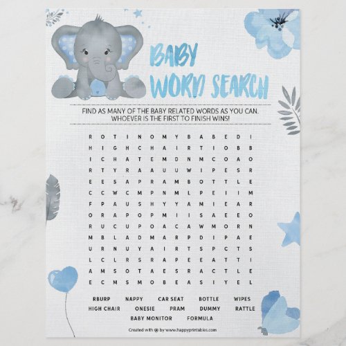 Baby Word Search Baby Elephant Blue Letterhead