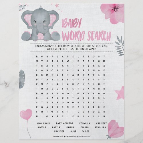 Baby Word Search Baby Elephant Pink Letterhead