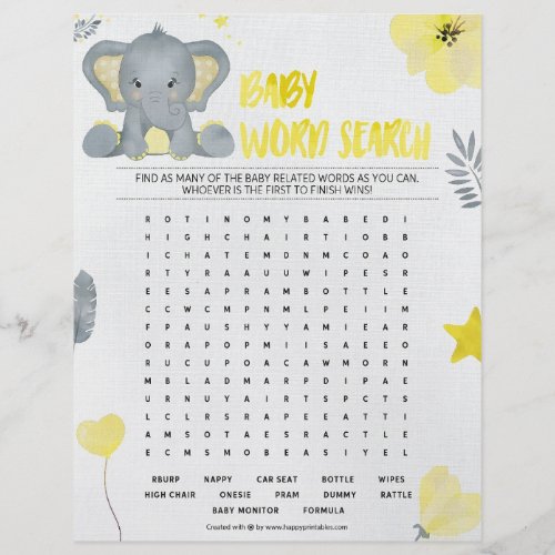 Baby Word Search Baby Elephant Yellow Letterhead