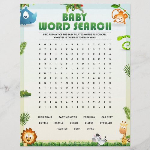Baby Word Search Baby Shower Game Animal Theme Letterhead