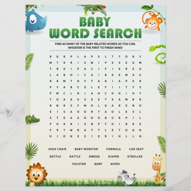 Baby Word Search Baby Shower Game [Animal Theme] Letterhead (Front)