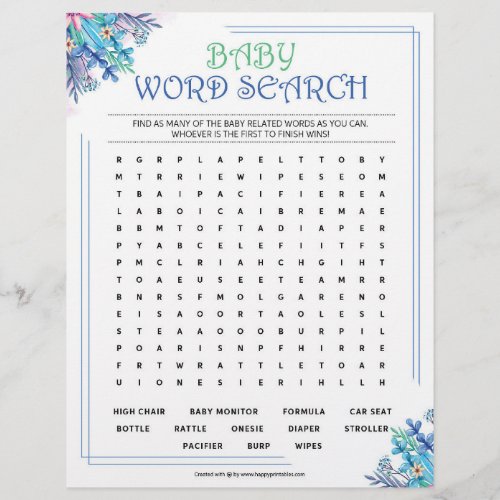 Baby Word Search Blue Floral Letterhead