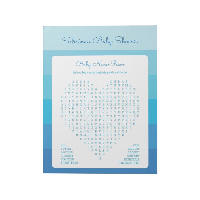 Baby Word Search Blue Ombre Stripes Baby Shower Notepad (Rotated)