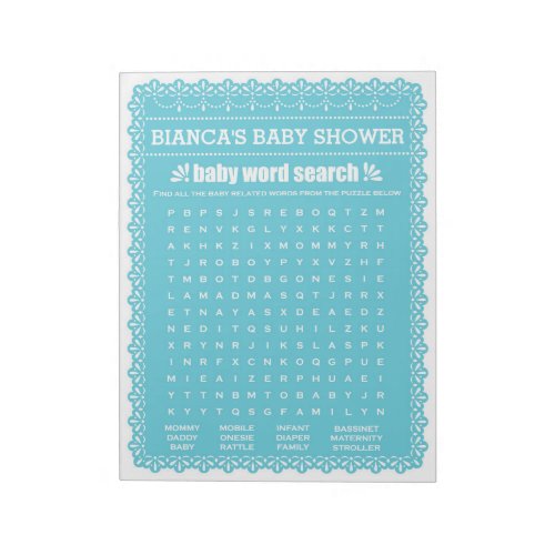 Baby Word Search Blue Papel Picado Baby Shower Notepad