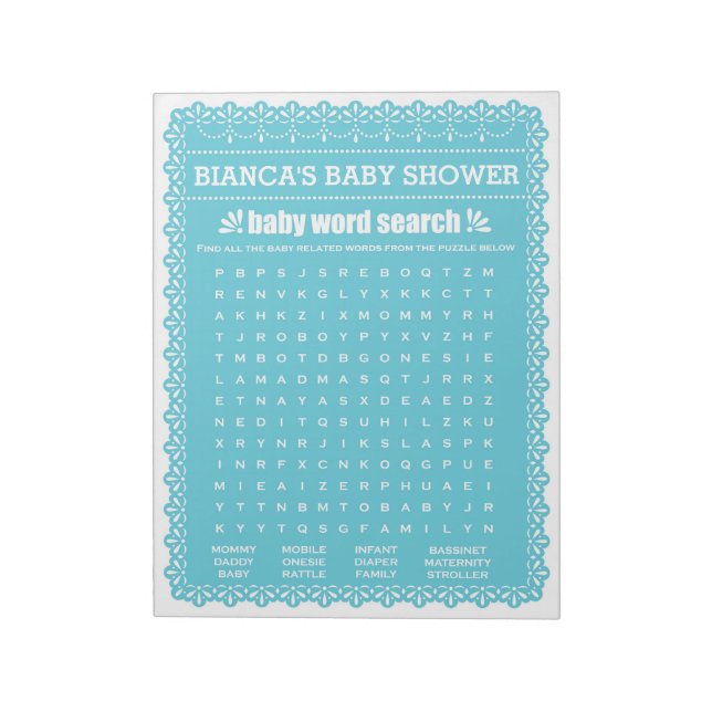 Baby Word Search Blue Papel Picado Baby Shower Notepad (Rotated)