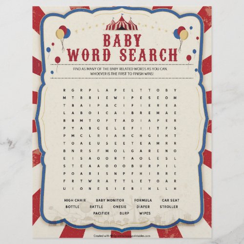 Baby Word Search Circus Theme Letterhead