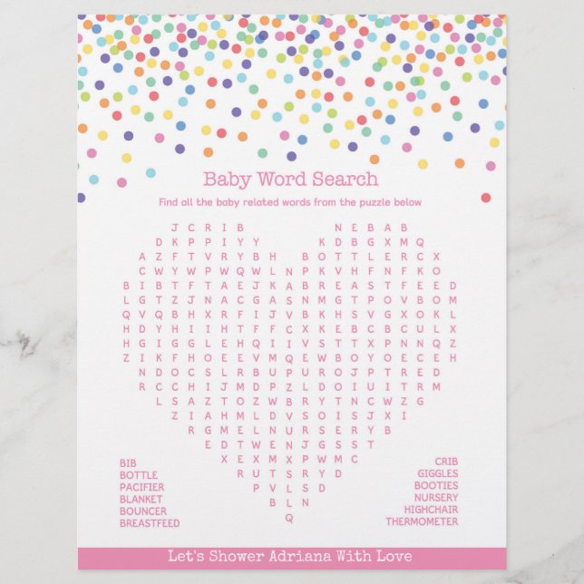 Baby Word Search Confetti Baby Shower Game (Front)