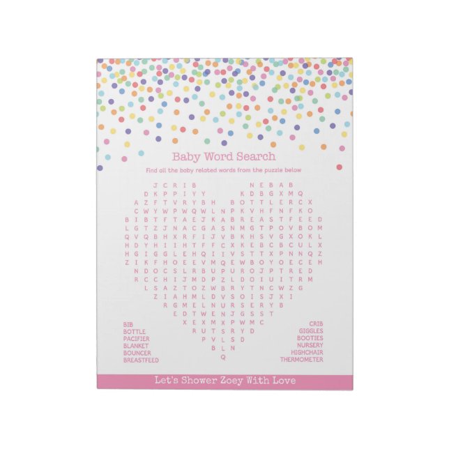 Baby Word Search Confetti Baby Shower Game Notepad (Rotated)