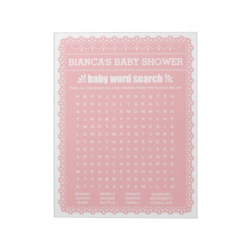 Baby Word Search Pink Papel Picado Baby Shower Notepad