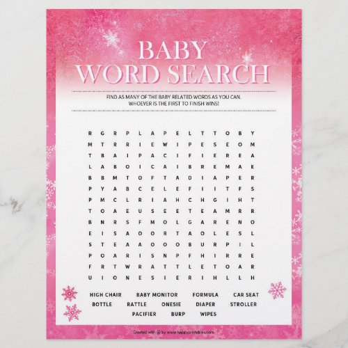 Baby Word Search Snowy Pink Letterhead