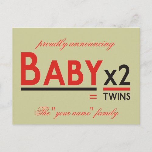 Baby x 2 proudly announcing The your name f Announcement Postcard