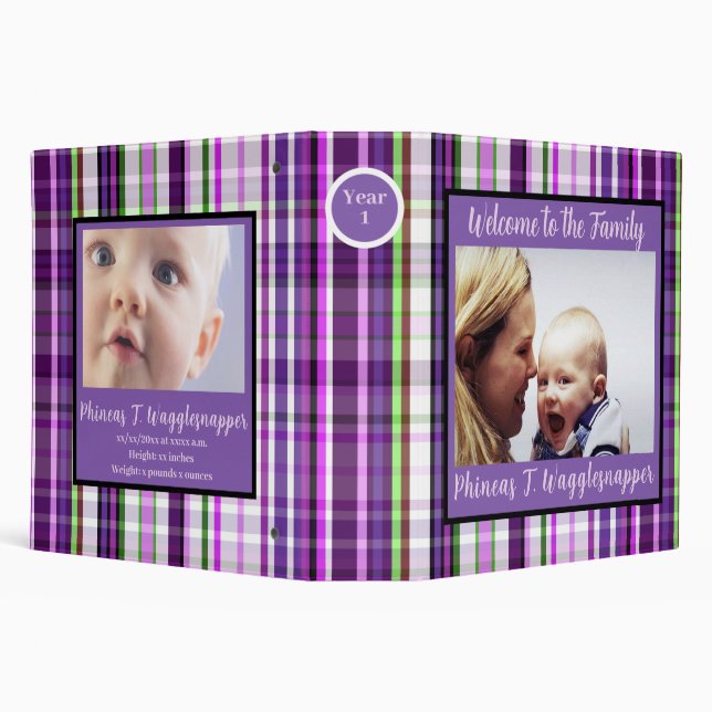 Baby Year One Purple Lilac Plaid Customized Photo 3 Ring Binder (Background)