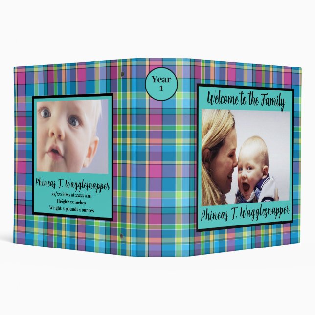 Baby Year One Purple Turquoise Plaid Photo 3 Ring Binder (Background)