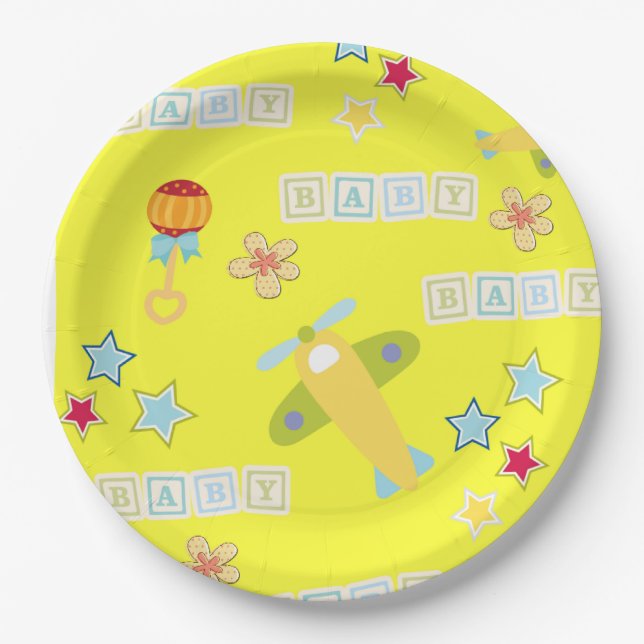Baby Yellow Airplane Paper Plates (Front)
