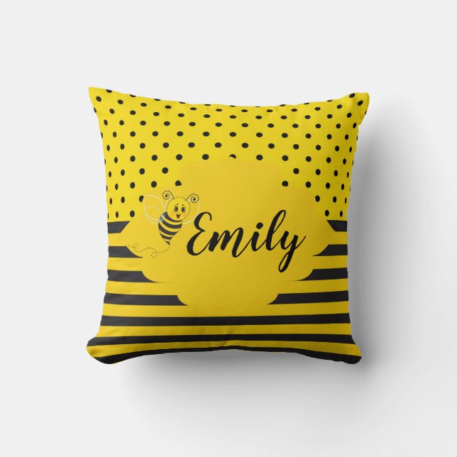 Baby Yellow Black Bumble Bee Striped Polka Dot Throw Pillow (Front)